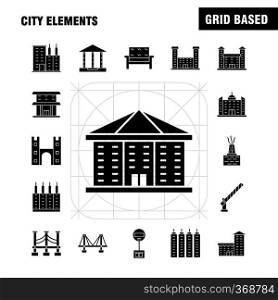 City Elements Solid Glyph Icons Set For Infographics, Mobile UX/UI Kit And Print Design. Include  Car, Vehicle, Travel, Transport, Fountain, Water Shower, City, Eps 10 - Vector