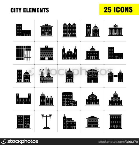 City Elements Solid Glyph Icons Set For Infographics, Mobile UX/UI Kit And Print Design. Include: Tower, Building, City, Office,, Buildings, Tower, City, Office, Eps 10 - Vector