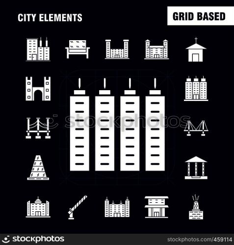 City Elements Solid Glyph Icons Set For Infographics, Mobile UX/UI Kit And Print Design. Include: Car, Vehicle, Travel, Transport, Fountain, Water Shower, City, Eps 10 - Vector