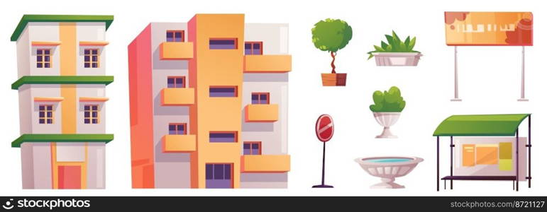 City elements, street constructor isolated set. Urban architecture design objects. Cartoon multistorey houses, street banner, green trees, road sign, flowerpot and bus stop, Vector illustration, icons. City elements, street constructor isolated set