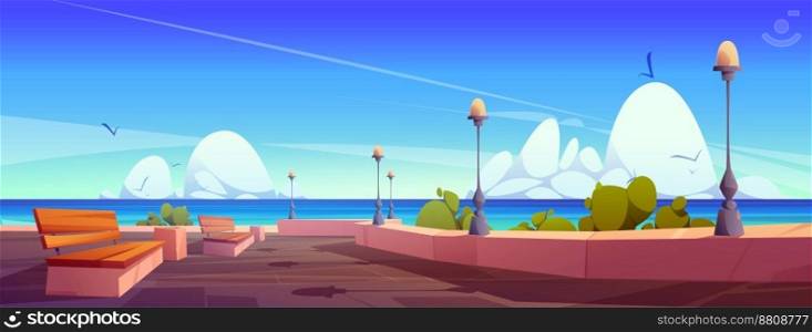 City embankment in summer season. Cartoon vector illustration of seaside promenade with benches, l&s, green plants, birds flying in bright blue sky with fluffy white clouds. Game background design. City embankment in summer season