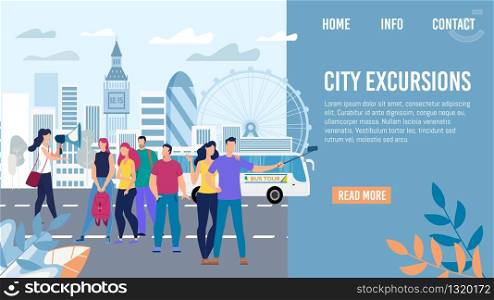City Excursions, Bus Tour in Europe Travel Trendy Flat Vector Web Banner, Landing Page Template. Tourists Group Listening Tour Guide, Happy Couple Shooting Selfie Photo on Mobile Phone Illustration