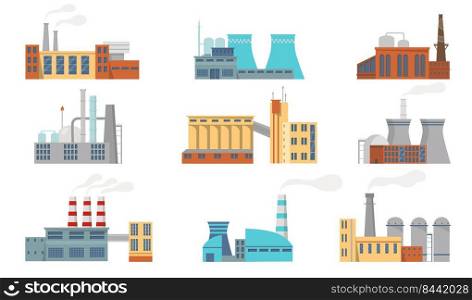 City factories set. Smoking pipes of industrial plants, manufacture buildings. Vector illustrations for industry, environment, atmosphere, production concept