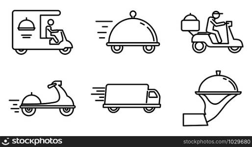 City food delivery service icons set. Outline set of city food delivery service vector icons for web design isolated on white background. City food delivery service icons set, outline style