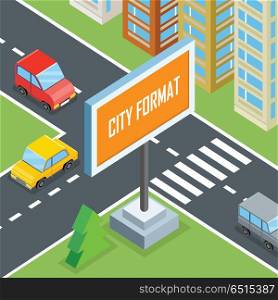 City Format. Urban Crossroads with Cars and Houses. City format. Urban crossroads with cars and houses, pedestrians. Town street view 3d design concept with buildings, markings, road signs and traffic. Part of series of city isometric. Vector