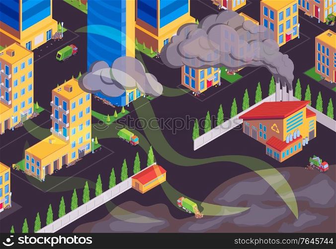 City garbage waste air pollution isometric composition with heavy dirty chimney smoke in residential area vector illustration