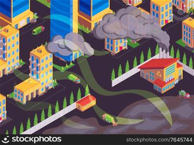 City garbage waste air pollution isometric composition with heavy dirty chimney smoke in residential area vector illustration