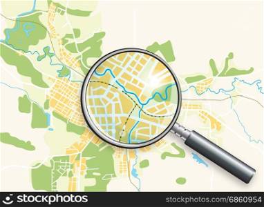 City Geo Map and Magnifying Glass Lens. Color bright decorative background vector illustration.. City Geo Map and Magnifying Glass Lens