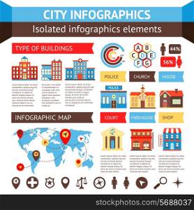 City government building infographic set with charts and world map vector illustration