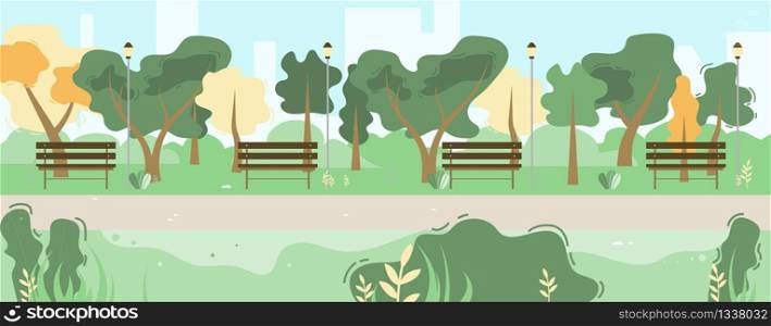 City Green Park Vegetation Cartoon Landscape. Trees, Bench on Road Street Side. Business City Center with Skyscrapers and Large Buildings Silhouettes on Backdrop. Flat Vector Panoramic Illustration. City Park Cartoon Landscape with Trees and Bench