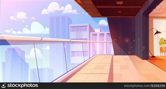 City hotel room balcony design vector background. Modern glass house apartment terrace interior illustration with cityscape view. Luxury modern flat with contemporary outdoor patio construction scene. City hotel room balcony design vector background