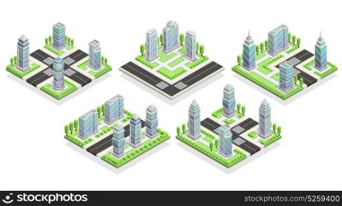 City Houses Isometric Composition. City houses isometric composition with buildings and road isolated vector illustration