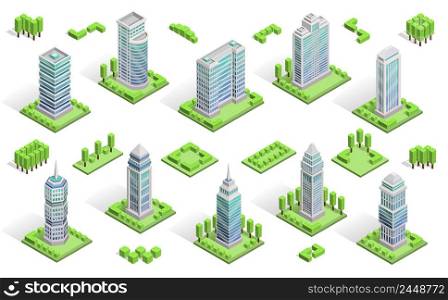 City houses isometric composition with skyscrapers isolated vector illustration. City Houses Composition