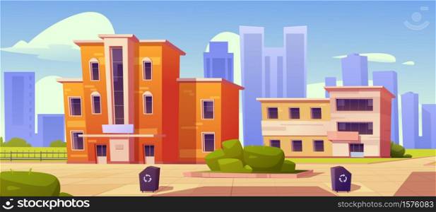 City houses, street with low residential buildings and recycling litter bins in front yard. Home facades with green bushes and tiled paths on megalopolis skyscrapers view, Cartoon vector illustration. City houses, street with low residential buildings