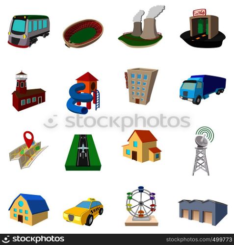 City icons set in cartoon style isolated on white background. City icons set, cartoon style