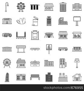 City icons set. Outline style of 36 city vector icons for web isolated on white background. City icons set, outline style