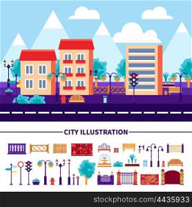 City Illustration Icons Set. Set of decorative icons with different common objects and elements for city street construction vector illustration