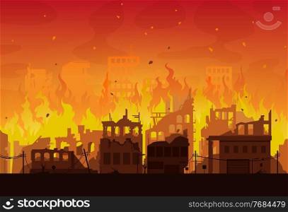 City in fire, destroyed burning houses and buildings, vector disaster or war background. Burning city ruins and town destruction from earthquake, bomb explosion attack and world apocalypse catastrophe. Burning city ruins in fire, destroyed town houses
