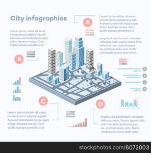 City infographics consisting of a city block of skyscrapers with graphs and diagrams