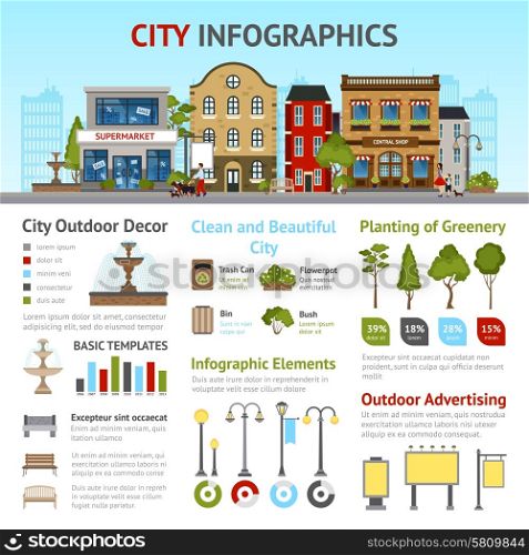 City infographics set with buildings and outdoor decor elements vector illustration. City Infographics Set