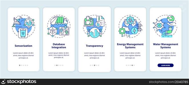 City infrastructure digitalization onboarding mobile app page screen. Technology walkthrough 5 steps graphic instructions with concepts. UI, UX, GUI vector template with linear color illustrations. City infrastructure digitalization onboarding mobile app page screen