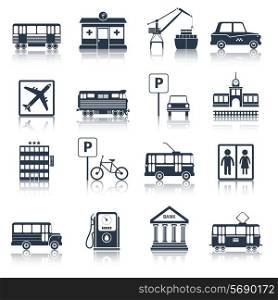 City infrastructure icons black set with tram pharmacy port taxi isolated vector illustration