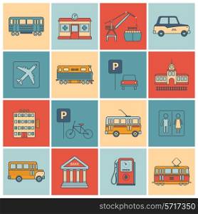 City infrastructure icons flat line set with bus oil bank tram isolated vector illustration