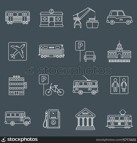 City infrastructure icons outline set with hotel bike trolley toilet isolated vector illustration