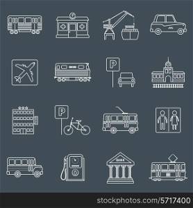 City infrastructure icons outline set with hotel bike trolley toilet isolated vector illustration
