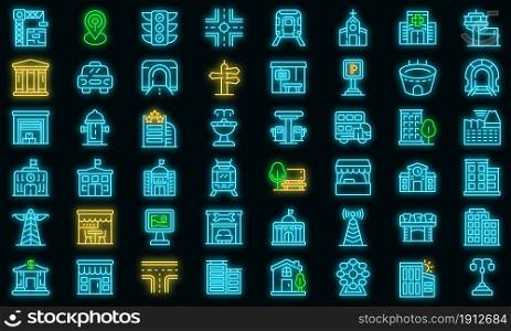City infrastructure icons set. Outline set of city infrastructure vector icons neon color on black. City infrastructure icons set vector neon