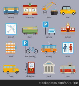 City infrastructure icons set with subway pharmacy port taxi isolated vector illustration