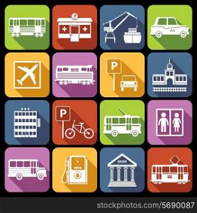 City infrastructure icons white set with airport metro parking station isolated vector illustration