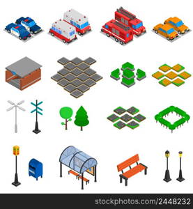 City infrastructure isometric elements set of bench pavement tile mailbox lamp post traffic light office cars underpass bus stop vector illustration. City Infrastructure Elements Set
