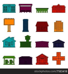 City infrastructure items icons set. Doodle illustration of vector icons isolated on white background for any web design. City infrastructure items icons doodle set