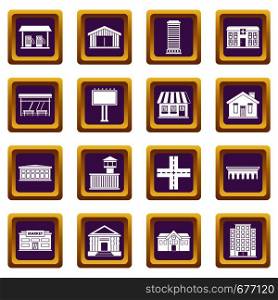 City infrastructure items icons set in purple color isolated vector illustration for web and any design. City infrastructure items icons set purple