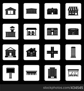 City infrastructure items icons set in white squares on black background simple style vector illustration. City infrastructure items icons set squares vector