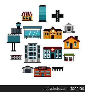 City infrastructure items set icons in flat style isolated on white background. City infrastructure items set flat icons