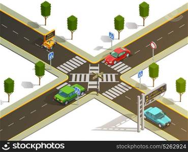 City Intersection Traffic Navigation Isometric View. City suburb crossroads navigation isometric view with traffic boards pedestrian zebra crossing and cars vector illustration
