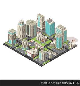 City isometric concept with office and industrial buildings truck parking environmental and road infrastructure vector illustration . City Isometric Concept