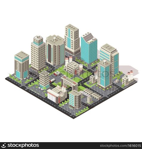 City isometric concept with office and industrial buildings truck parking environmental and road infrastructure