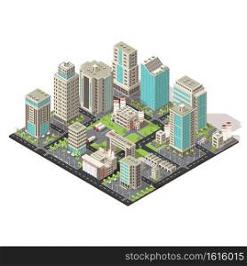 City isometric concept with office and industrial buildings truck parking environmental and road infrastructure