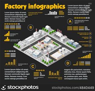 City isometric industrial factory infographics there are diagram, building, road, plant, transportation and works in the area of the town with business conceptual graphs and symbols