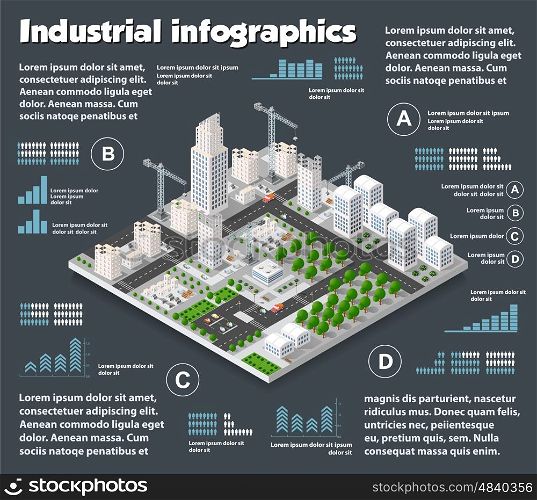 City isometric industry infographics there are diagram, building, road, park, transportation and crane in the area of the town with the business conceptual graphs and symbols