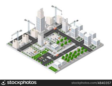 City isometric industry there are diagram, building, road, park, transportation and crane in the area of the town with the business conceptual graphs and symbols