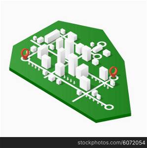 City isometric map, consisting of city skyscrapers block pointer and driving directions