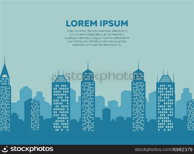 City landscape background - poster with downtown silhouettes. Architecture cityscape, vector illustration. City landscape background - poster with downtown silhouettes