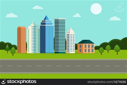 City landscape illustration. Front view cityscape. Urban panorama in flat graphic style. Town with street, road and nature. Horizontal banner with skyscrapers, flat houses. Design vector background. City landscape illustration. Front view cityscape. Urban panorama in flat graphic style. Town with street, road and nature. Horizontal banner with skyscrapers, flat houses. Design vector background.