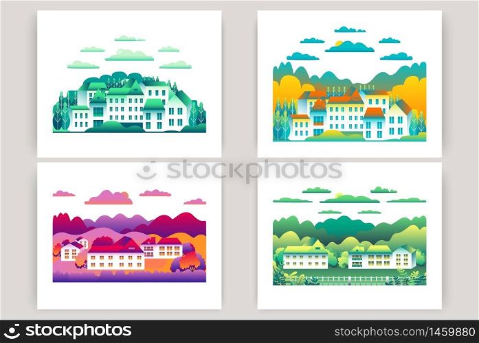 City landscape isolated on white background in flat style design icons. Nature with house, building, street, trees, cloud, hills, montains cartoon vector illustration set. Green yellow blue pink colors