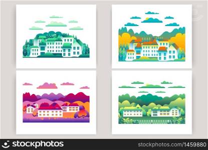 City landscape isolated on white background in flat style design icons. Nature with house, building, street, trees, cloud, hills, montains cartoon vector illustration set. Green yellow blue pink colors