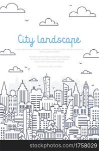 City landscape poster - urban landscape in linear style on white background. Thin line vector illustration. City landscape poster - urban landscape in linear style on white background. Thin line vector illustration.